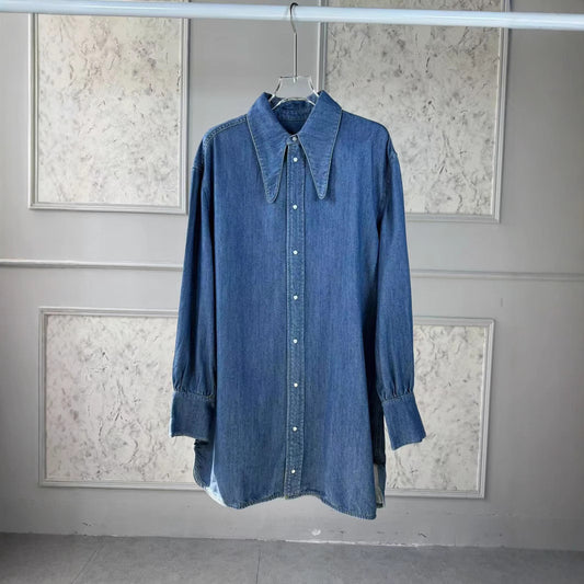 Dame Denim Bluse med klassisk krave og oversized pasform Stilla
