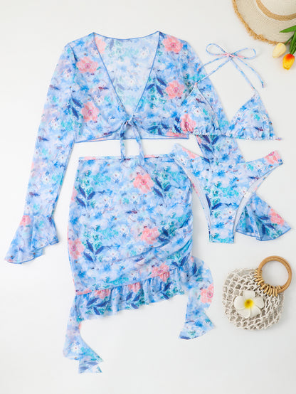 Dame badetøjssæt med blomsteroverdel og triangle-bikini Stilla