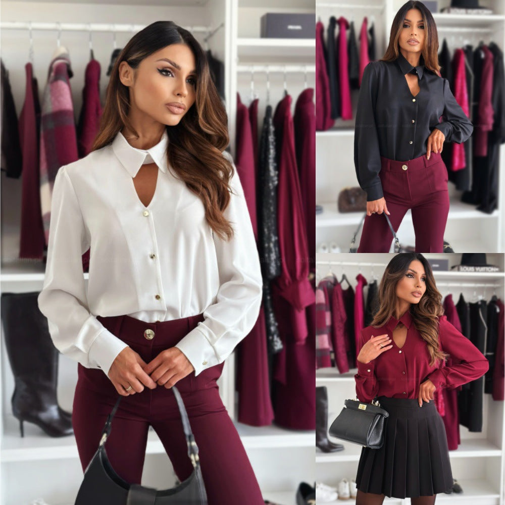 Dame elegant bluse med smart krave og knapdetaljer Stilla