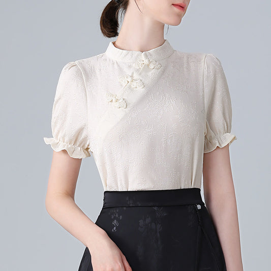 Dame Elegant Bluser T-shirt med asymmetrisk krave og floral struktur Stilla