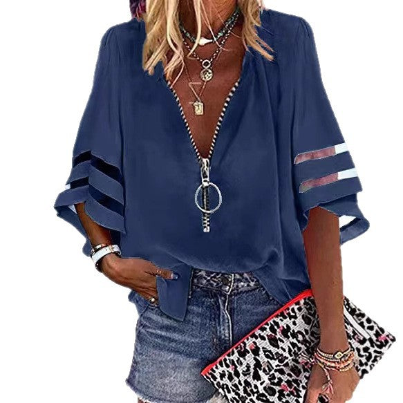 Dame afslappet bluse med justerbar lynlås og gennemsigtige ærmer Stilla