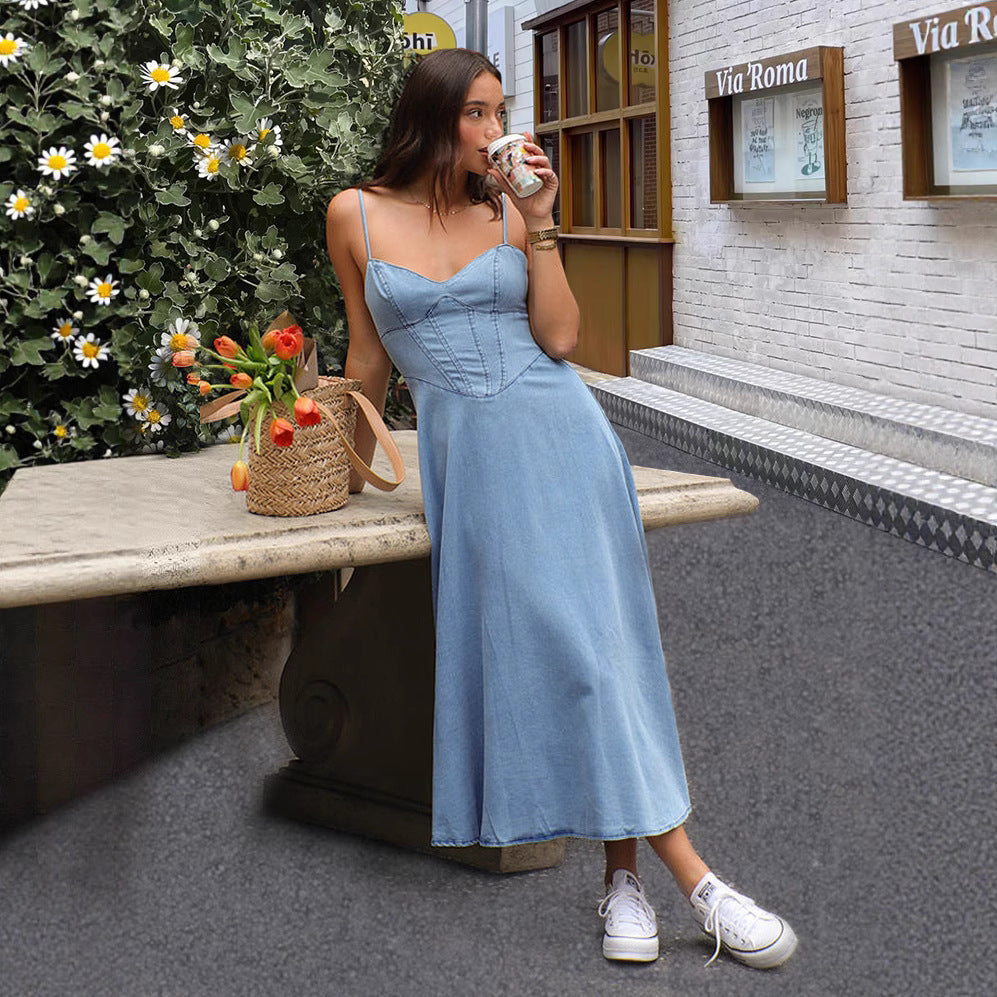 Dame Denim Maxi-kjole med corsage-design og fine spaghetti-stropper Stilla