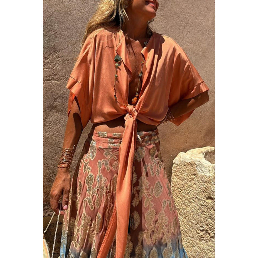 Dame Elegant Bluse- og Nederdelssæt med raffineret Bindebælte Stiila