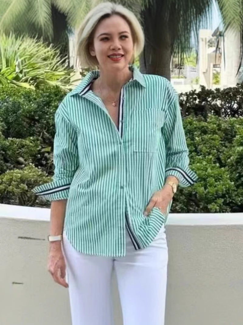 Dame afslappet bomulds skjorte med fine striber og brystlomme Stilla