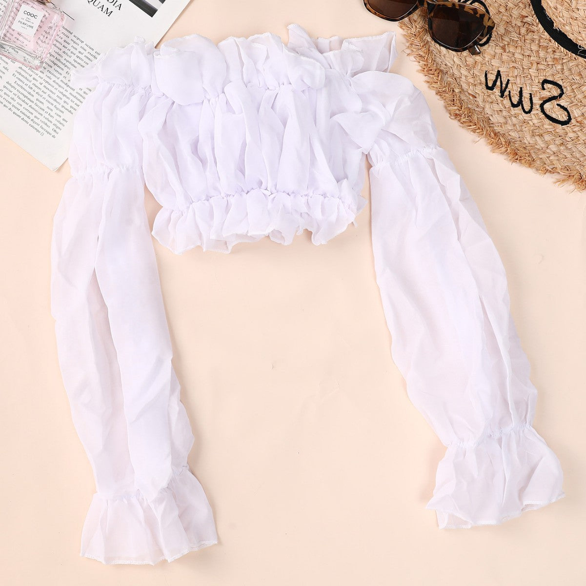 Dame Cropped Bluse overdel med afslappede flæser og elastisk bund Stilla