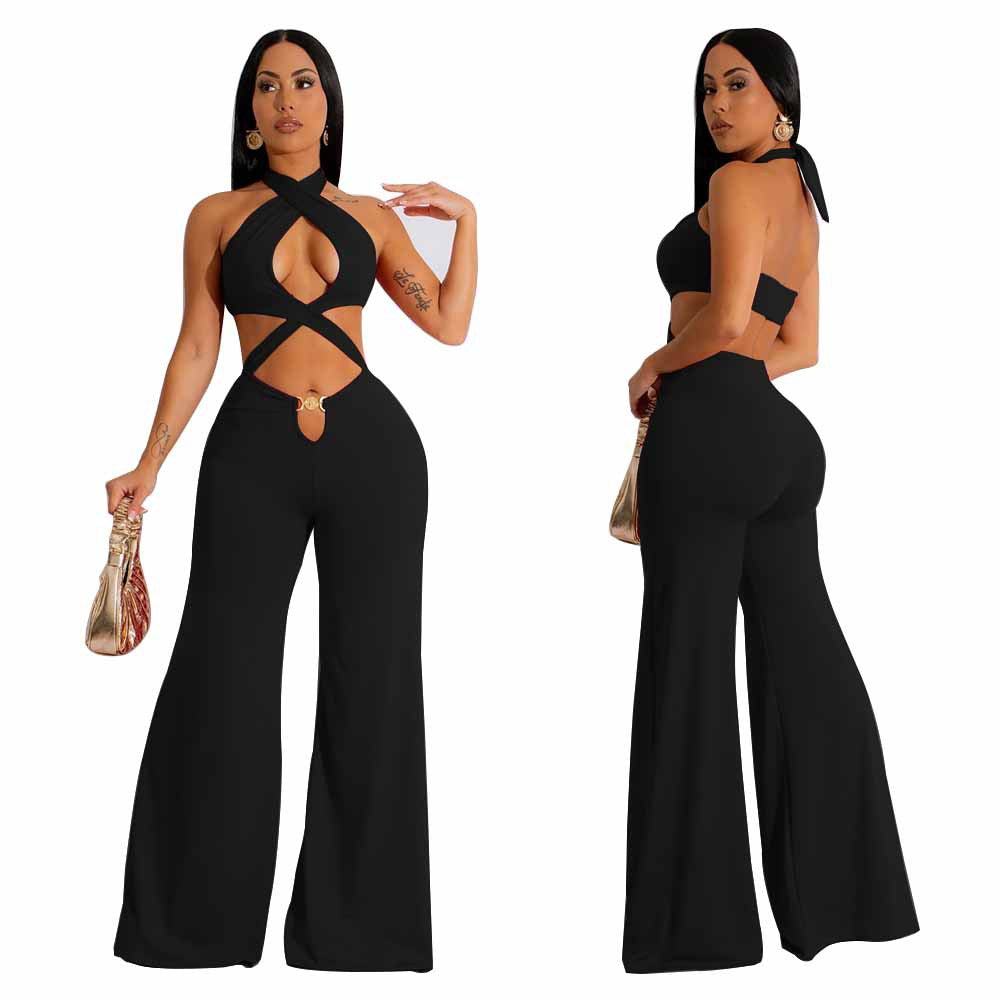 Dame Cut-Out Jumpsuit med elegant halsdesign og bredt ben Stilla