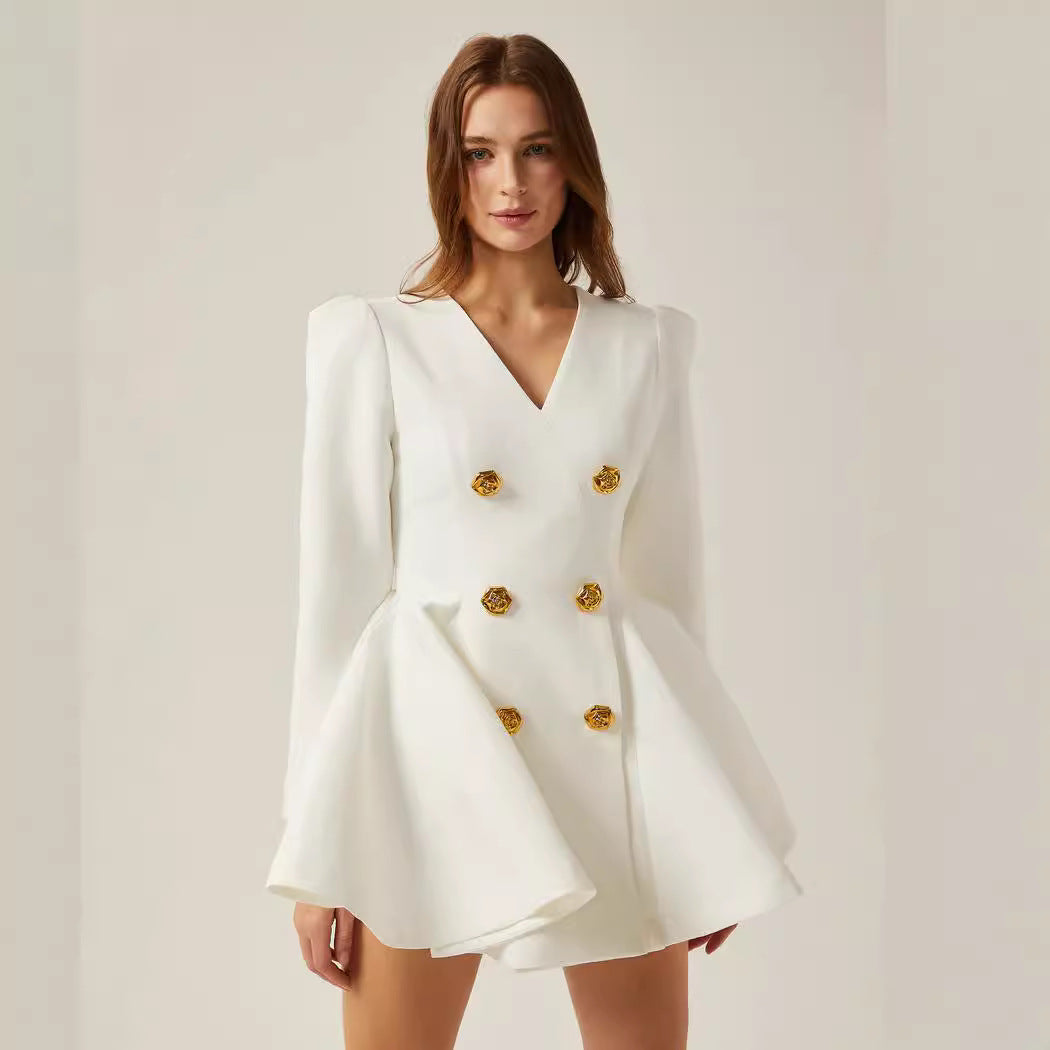 Dame elegant blazer-kjole med dobbelt knaplukning og svingende skørt Stilla