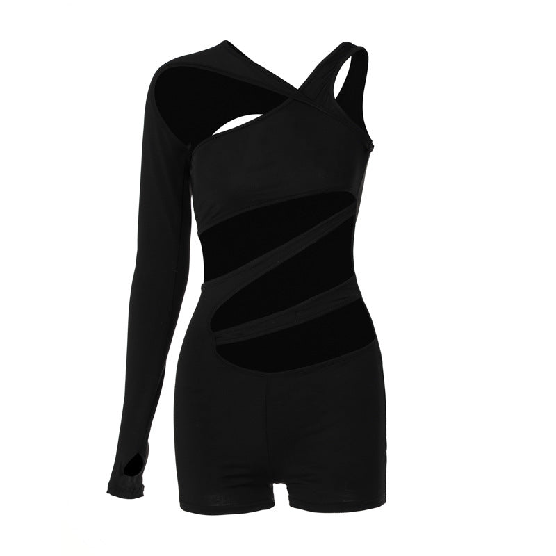 Dame jumpsuit med trendy asymmetrisk design og gennemsigtige indsatser Stilla