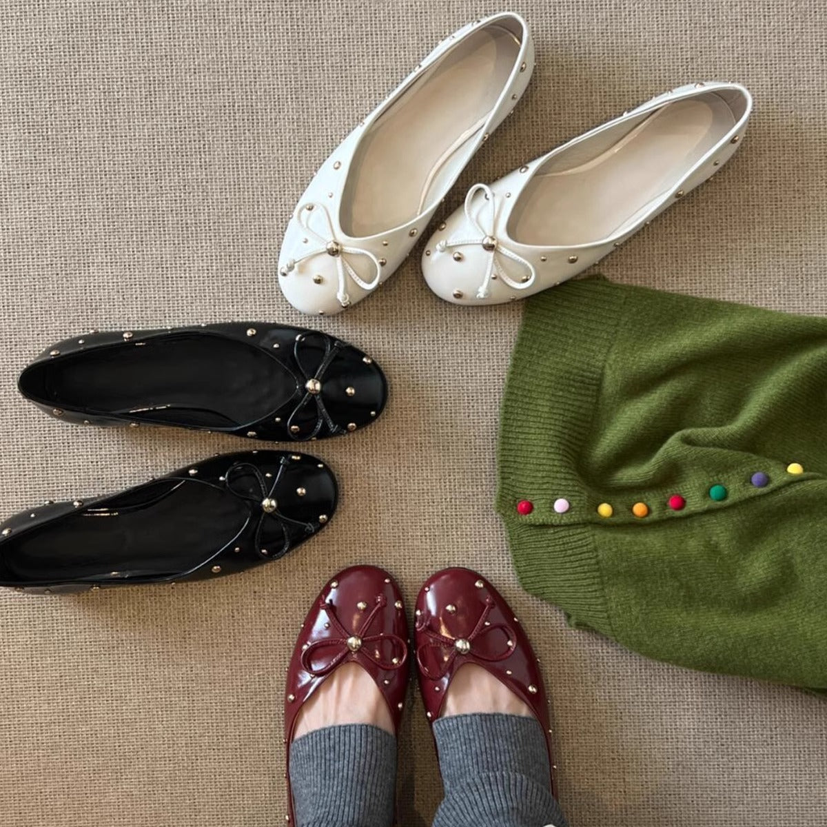 Dame Dekoreret Bue-Detalje Ballerina Flats Stilla