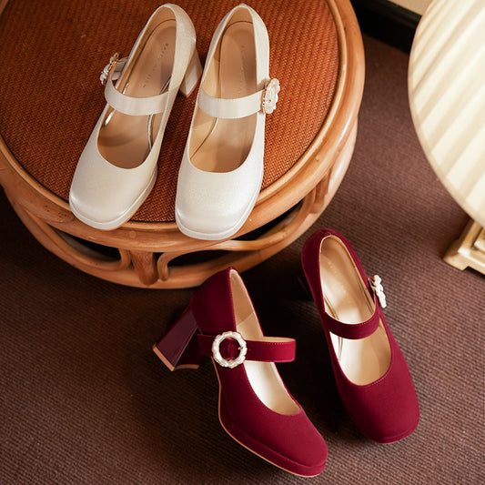 Dame Elegant Blokhæl Mary Jane Pumps med Dekorativ Perlelukning Stilla