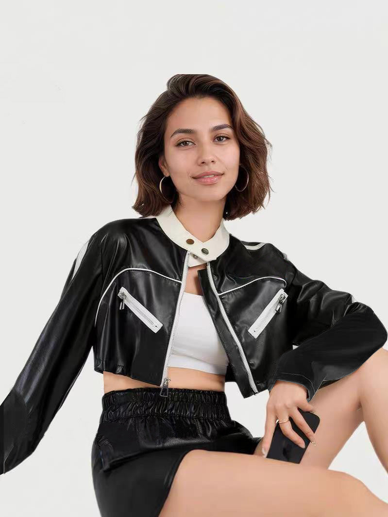 Dame cropped kunstlæderjakke med kontrasterende krave og lynlåslommer Stilla