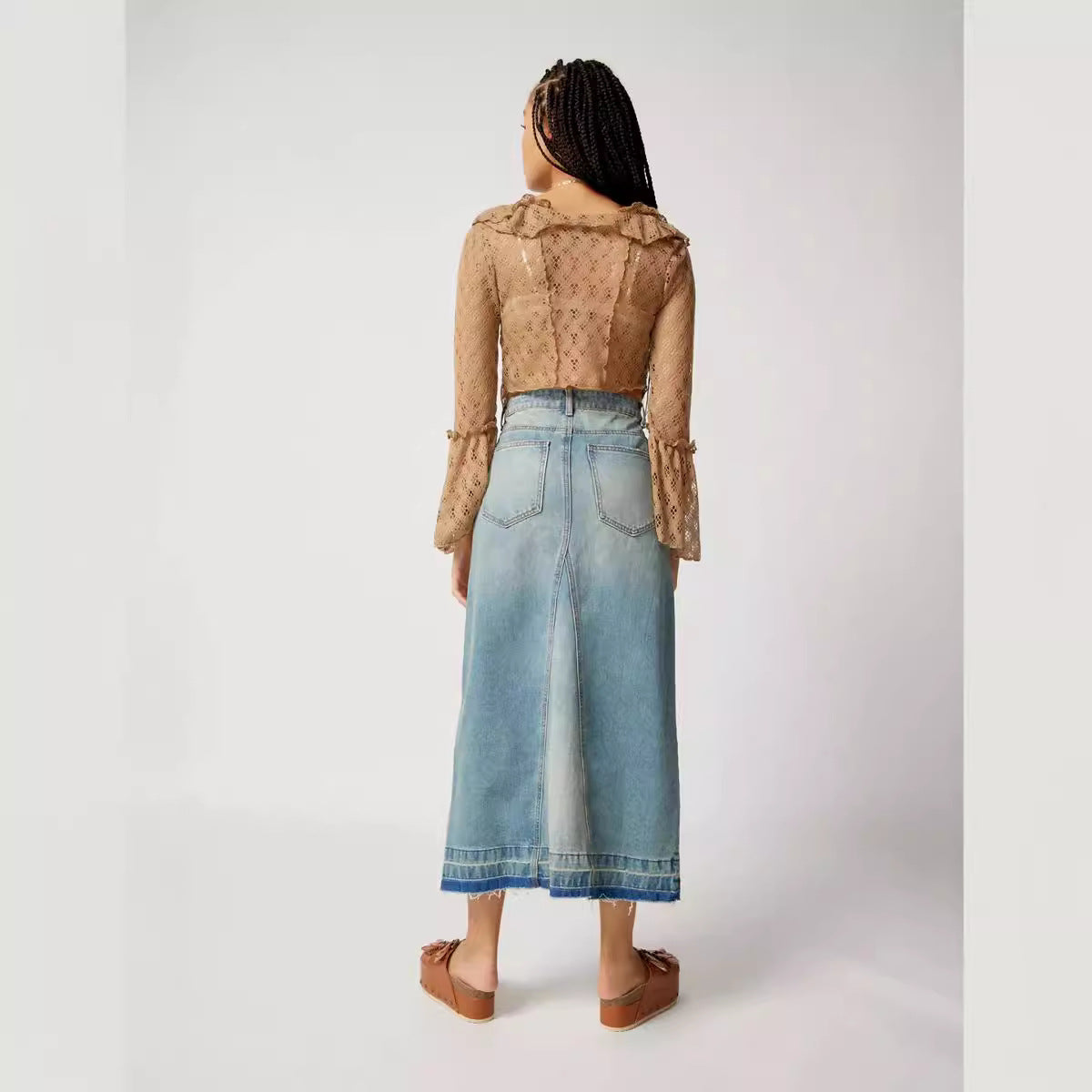 Dame Denim Maxi-nederdel med slidser og legende kant Stilla