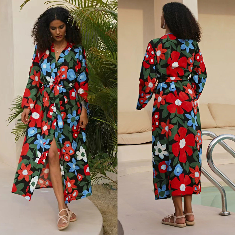 Dame elegant blomster-kaftan med sidelids Stilla