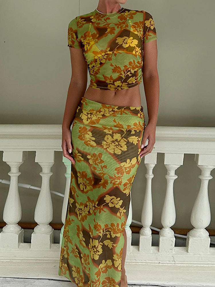 Dame Crop-Top og Maxi-Nederdel Sæt med blomsterprint og elastisk talje Stilla