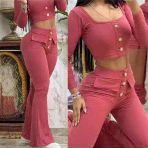 Dame Crop-Top og Flared-bukser sæt med dekorativ knaplukning og tætsiddende snit Stilla