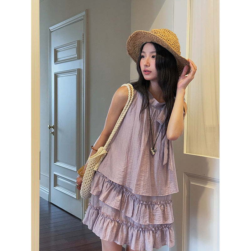 Dame afslappet strandkjole med flæser og sart bånd Stilla