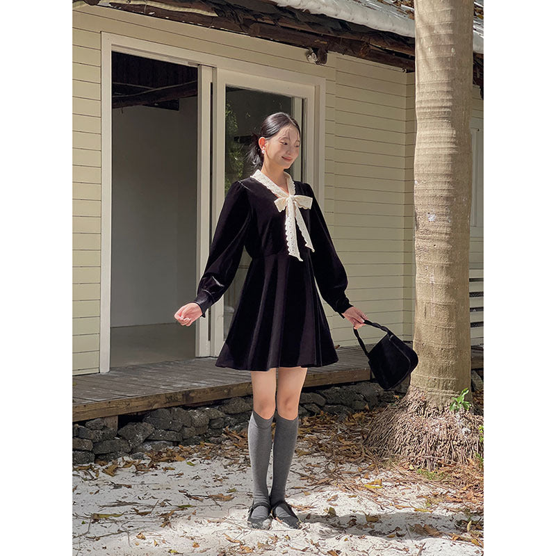 Dame elegant A-linie kjole i velour med dekorativt bindebælte og lange ærmer Stilla