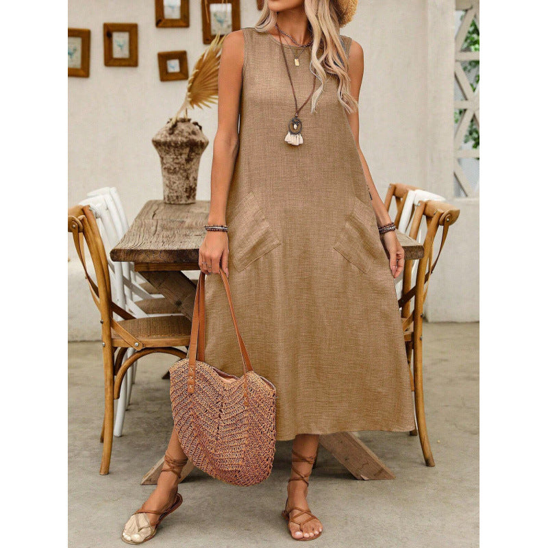 Dame afslappet maxikjole med praktiske lommer og rynket snit Stilla