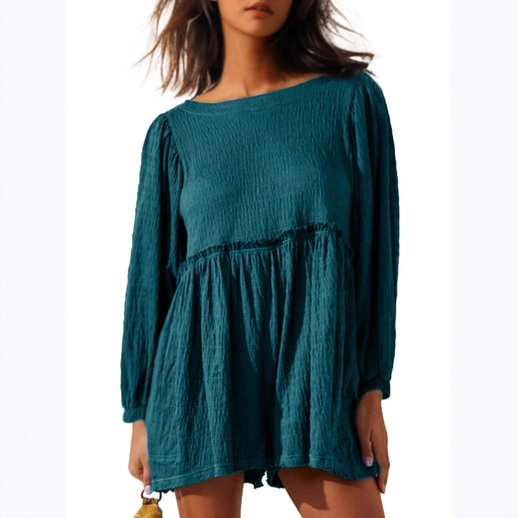 Dame afslappet skjortekjole med bredskårne ærmer og volanter Stilla