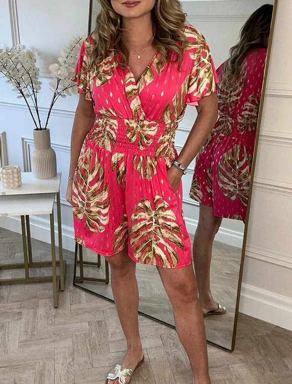 Dame jumpsuit med blomstertryk og elastisk talje Stilla