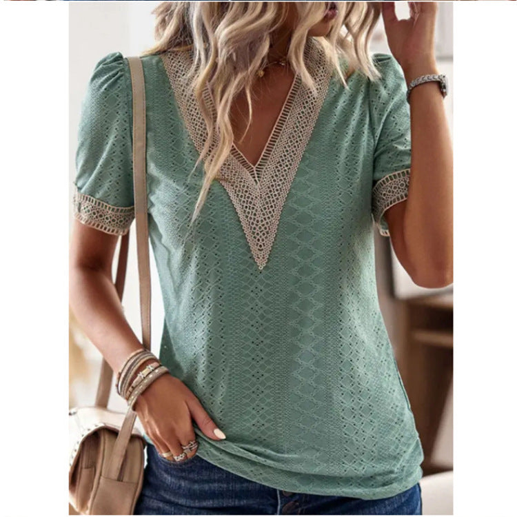 Dame Elegant Bluse med V-halsudskæring og Spidselement Stilla