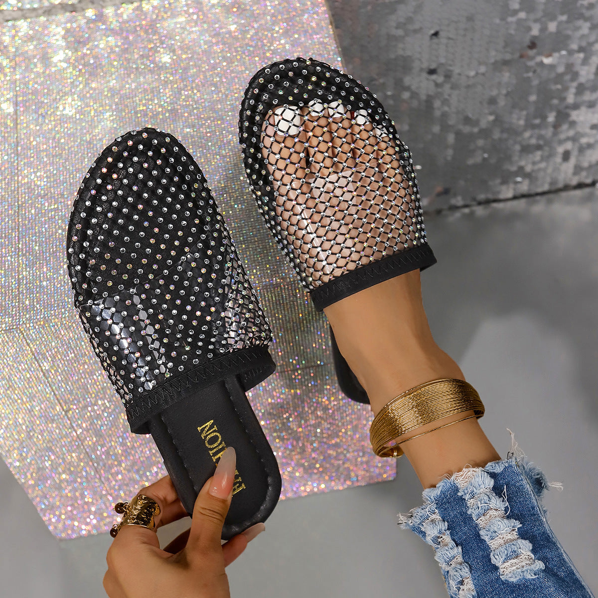 Dame Pantolette med glitrende strassapplikationer og elegant netdesign Stilla