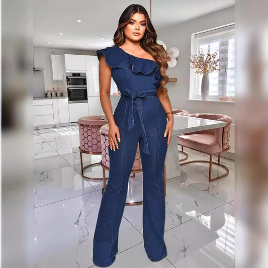 Dame elegant jumpsuit med smart flæsebesætning og bindebælte Stilla