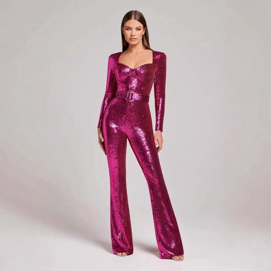Damer Glitrende Jumpsuit med vide ben og taljebælte Stilla