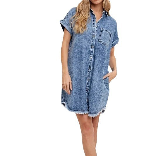 Dame Denim Skjortekjole med afslappet snit og praktiske lommer Stilla