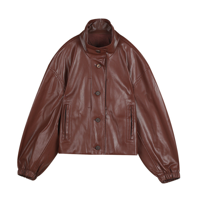 Dame afslappet kunstlæderjakke med høj krave og praktiske lommer Stilla