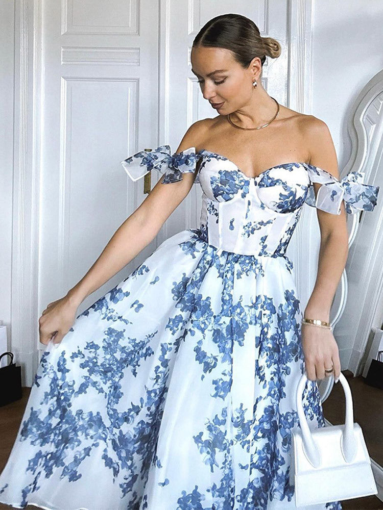 Dame A-linje aftenkjole med luftige pufærmer Stilla