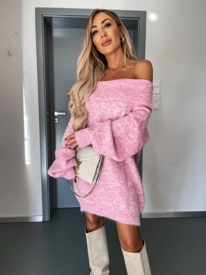 Dame afslappet oversized strikkjole med skulderfri snit og voluminøse ærmer Stilla