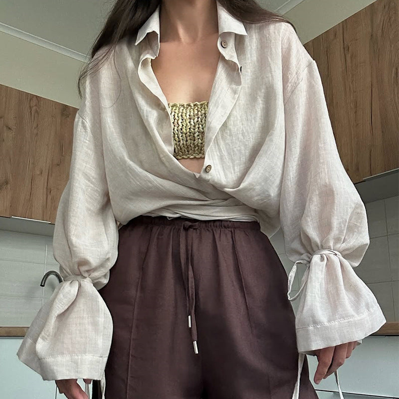 Dame afslappet oversized bluse med bælte og voluminøse ærmer Stilla