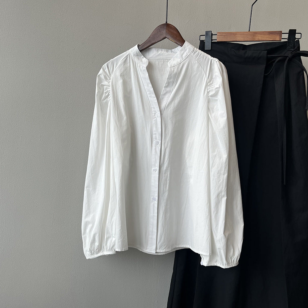 Dame elegant Bluse med pufærmer og ståkrave Stilla