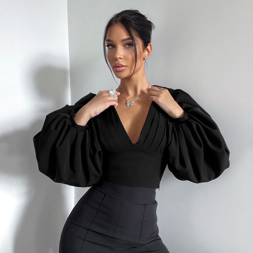 Dame elegant bluse med voluminøse puffærmer og V-udskæring Stilla