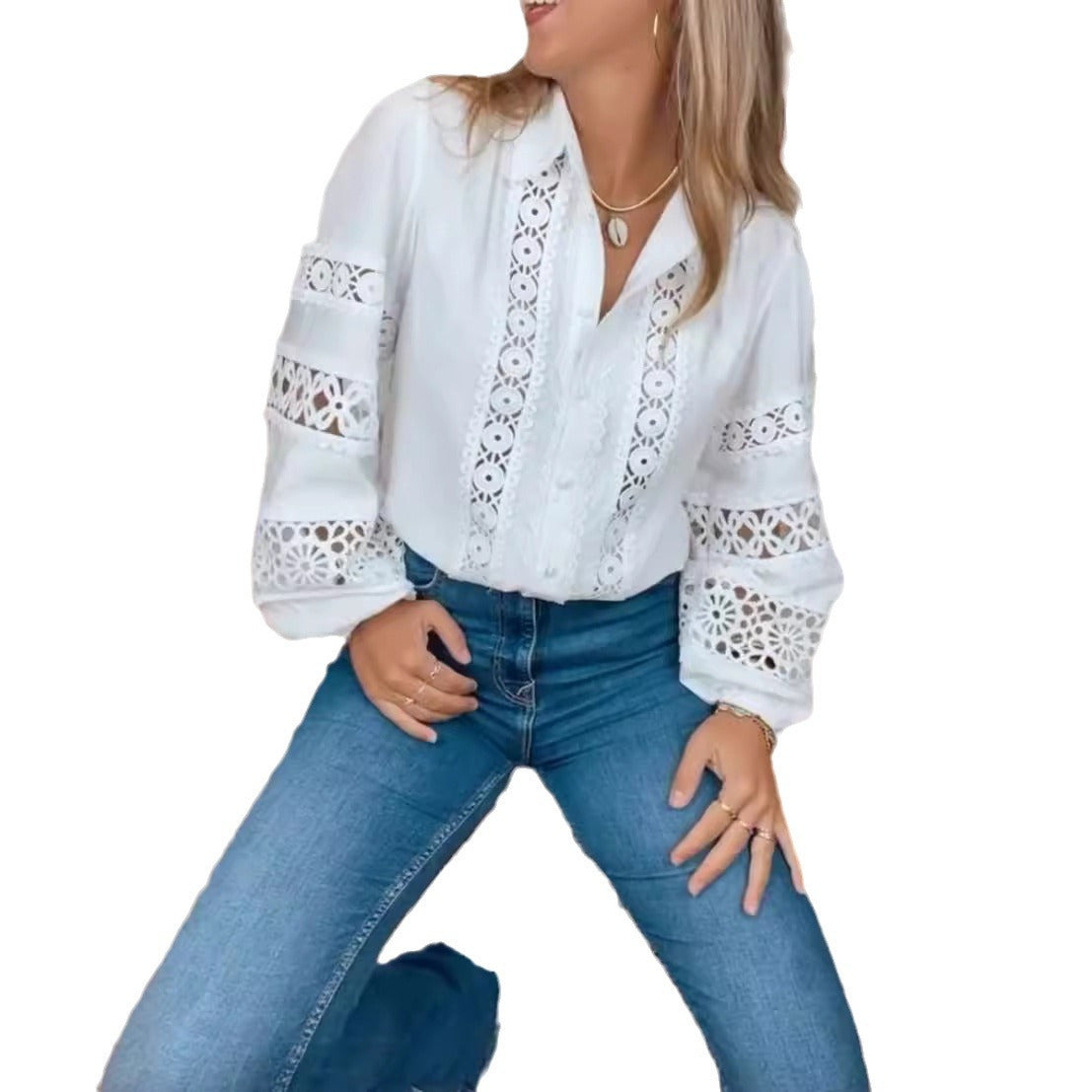 Dame elegant bluse med detaljerig spidsbroderi Stilla