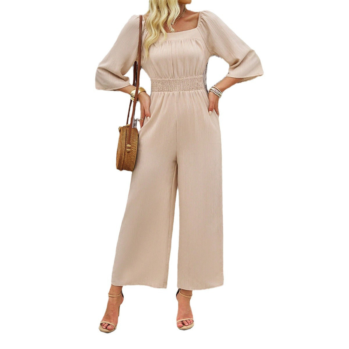 Dame Bredskåret Jumpsuit med smockdetalje og firkantet udskæring Stilla