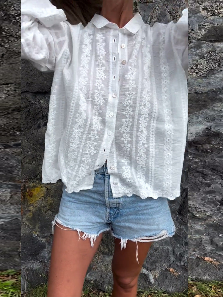 Dame elegant bluse med kunstnerisk spidsudsmykning Stilla