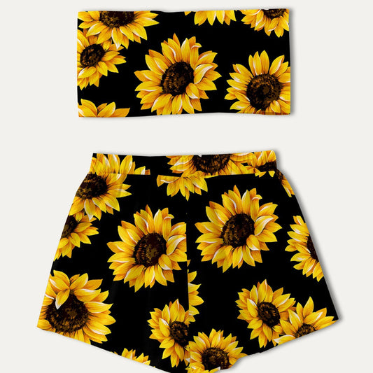 Dame Crop-Top og Shorts Sæt med Solsikke-mønster Stilla