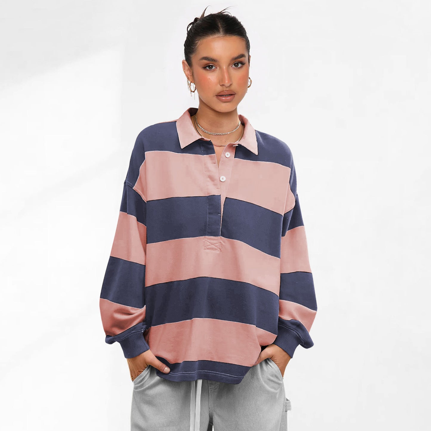 Dame afslappet polo-shirt med overdimensionerede og kontrasterende striber Stilla