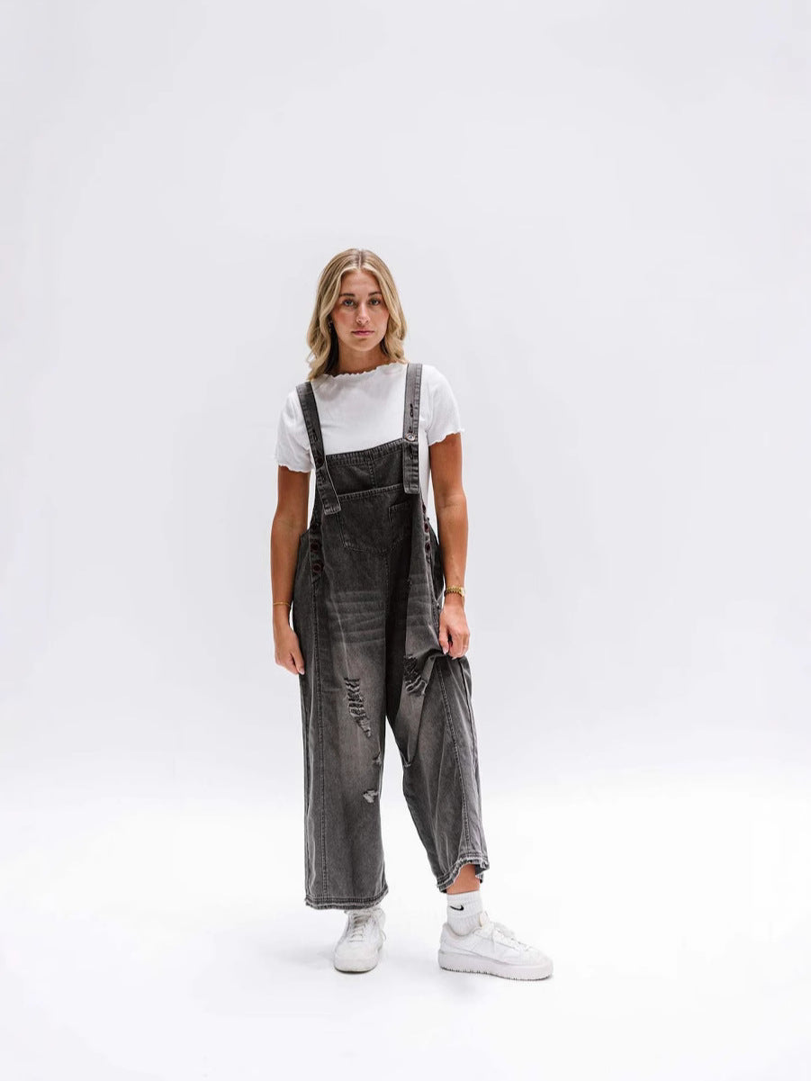 Dame Casual Denim Overalls med stilfulde Rivne Detaljer Stilla