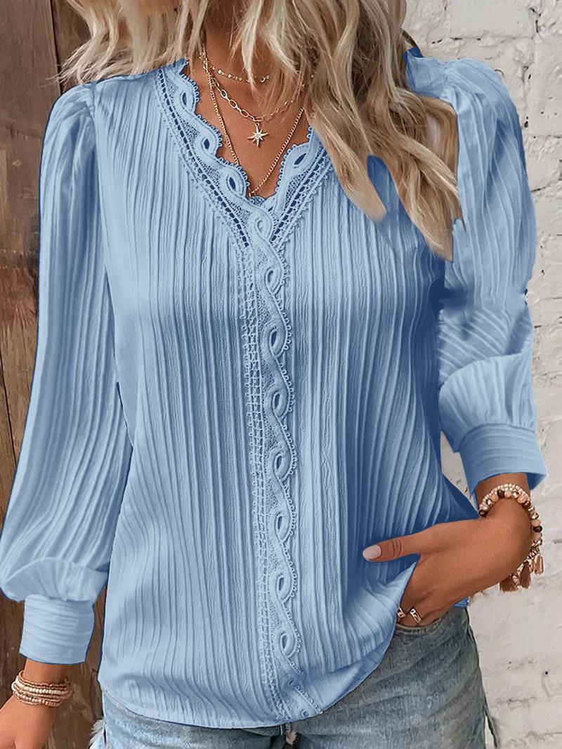 Dame Plisseret Bluser T-shirt med romantiske Spidsdetaljer Stilla
