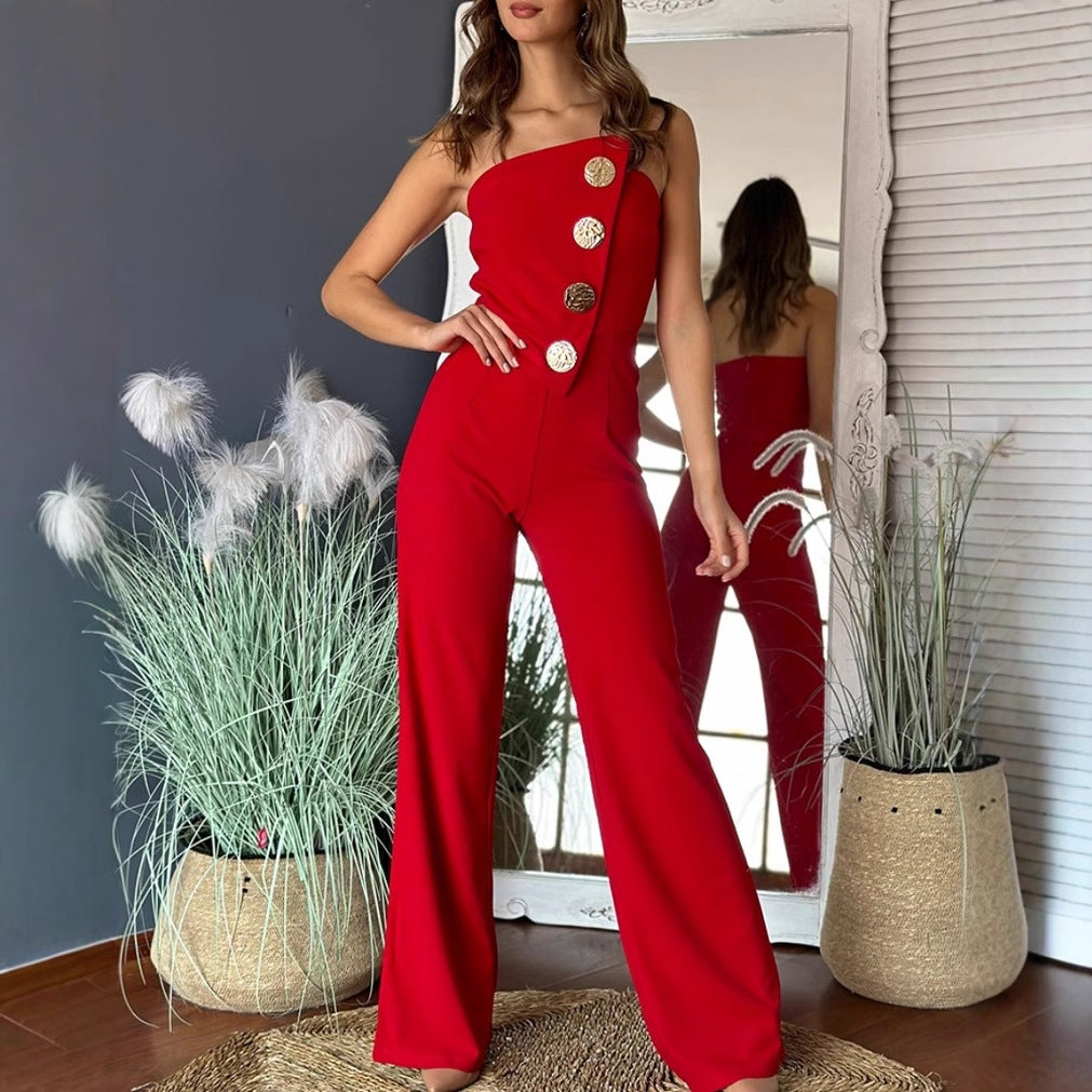 Dame Elegant skåret Jumpsuit med asymmetrisk overdel og gyldne knapdetaljer Stilla