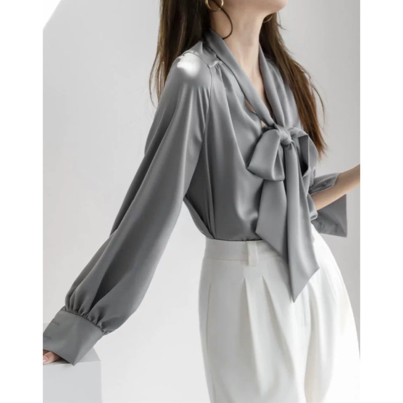 Dame elegant Bluse med sløjfe krave og puffærmer Stilla