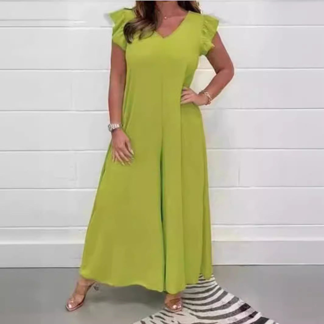 Dame jumpsuit med voluminøse ben og elegant V-udskæring Stilla