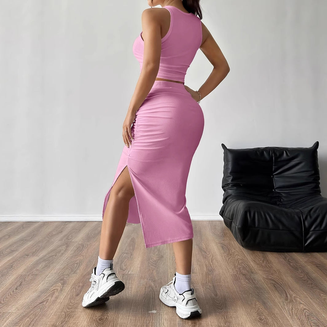 Dame Crop-Top og Nederdel Sæt med Sideslitz og Ribstruktur Stilla