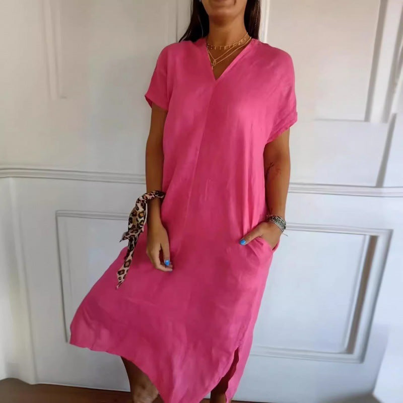 Dame afslappet maxikjole med v-hals og praktiske sidelommer Stilla