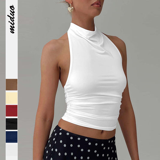 Dame afslappet crop-top med høj halsudskæring og dekorativ ruching Stilla