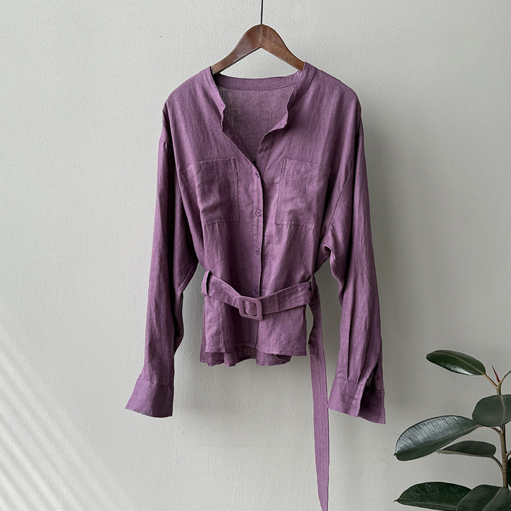 Dame afslappet skjorte med åndbart linned og taljebælte Stilla