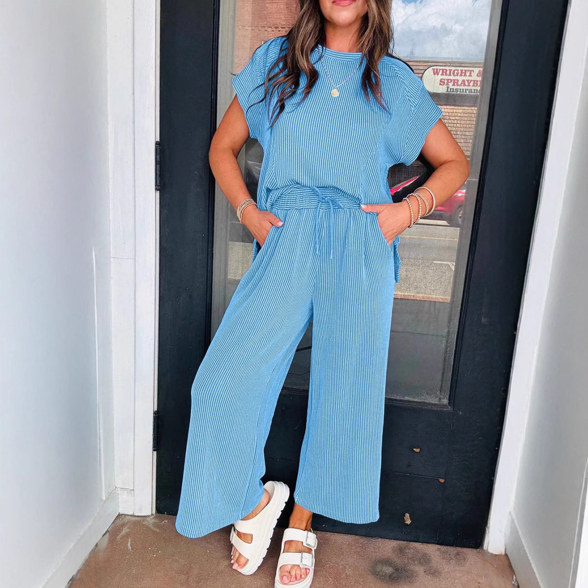 Dame afslappet strik-jumpsuit med brede ben og elastisk talje Stilla